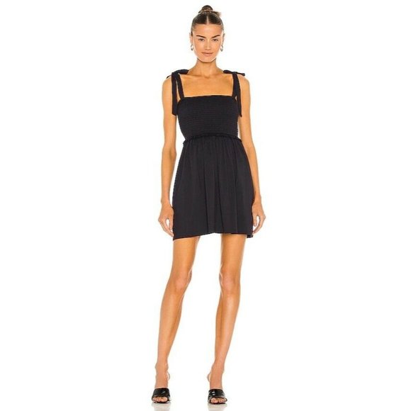 Susana Monaco Smocked Bodice Dress Mini Midnight Blue Tie Straps S NWT $168